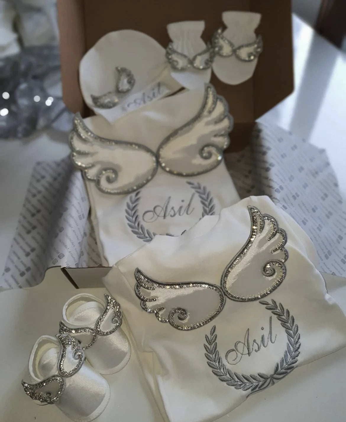 Dollbling Hospital Exit 5pcs Embroidery Name Newborn Angle Wings Romper Blanket  Nursery Bedding Swaddle Handmade Infant Outfit
