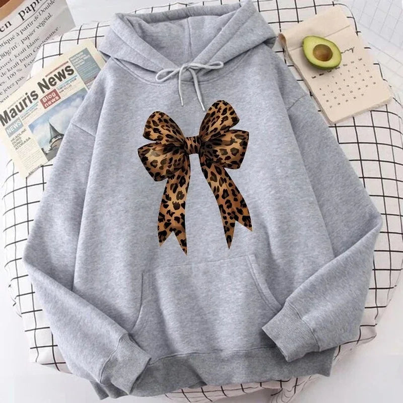 Plus Size Bow Heart Love Leopard Print Hoodies Long Sleeve Funny Sweatshirts Streetwear Women's Casual Graphic Hooded Pullovers
