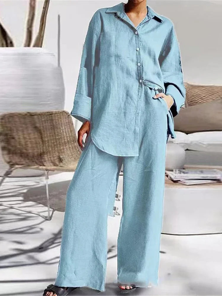 2024 Autumn New Women's Cotton and Hemp Set Solid Color Collar Shirt High Waist Wide Leg Pants Elegant Two Piece Set