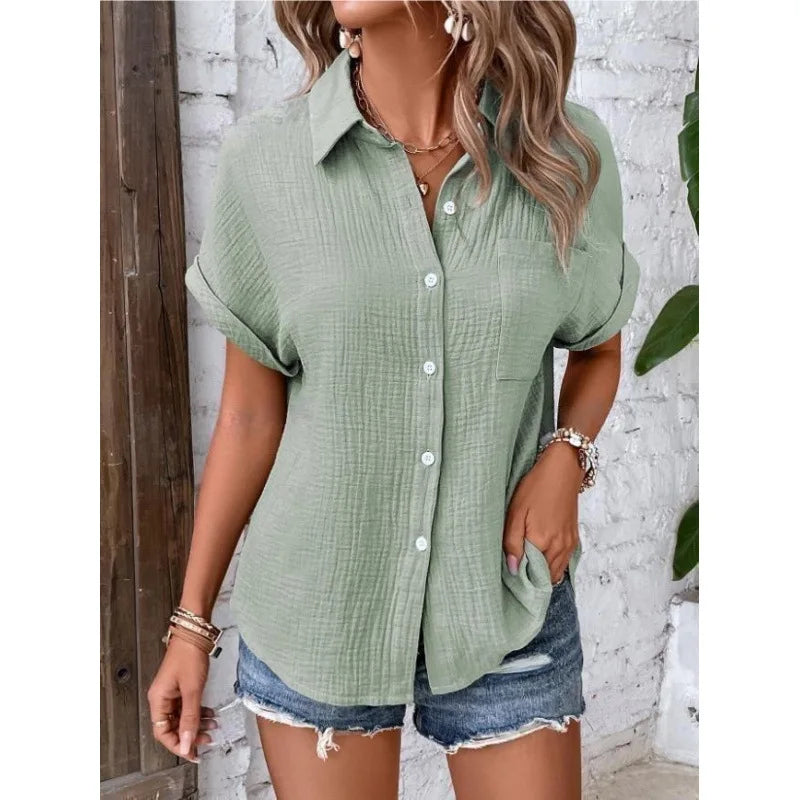 Women Casual Cotton Blouse Vintage Summer Short Sleeve Slim Shirt Elegant Turn Down Collar Solid Tunics Harajuku Streetwear Tops