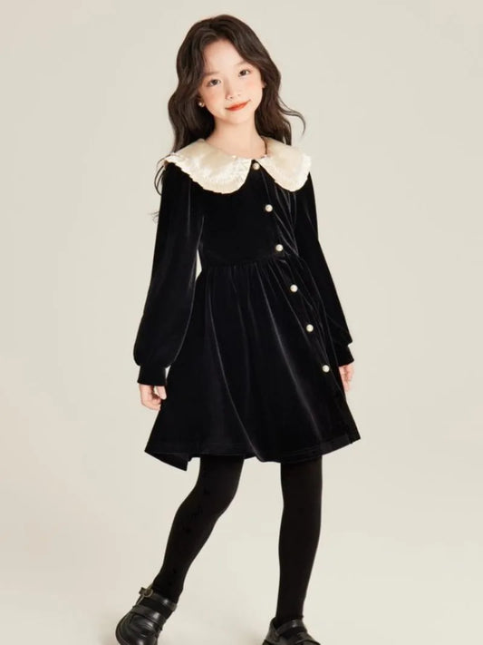 Girls' Autumn/Winter High-end Fleece-lined Velvet Elegant Black Princess Gown Dress - 4-12 Years Old