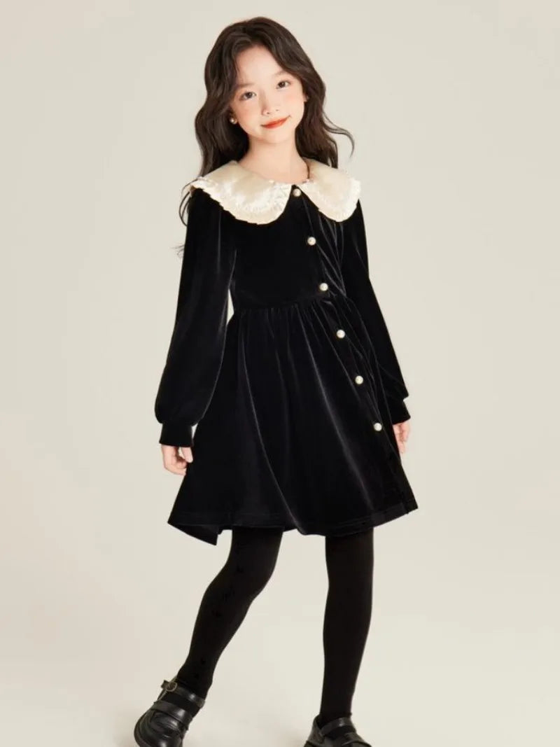 Girls' Autumn/Winter High-end Fleece-lined Velvet Elegant Black Princess Gown Dress - 4-12 Years Old