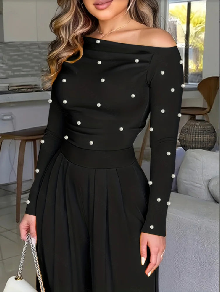 Fashionable Pure Color Off-Shoulder Pearl Long Sleeve Dress New Arrival Elegant One-Piece Suit for Women