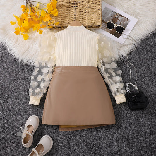 Girls Casual Hollow out Sleeve Top with Half Skirt Two-Piece Set Spring Autumn Fashion Kids Outfit