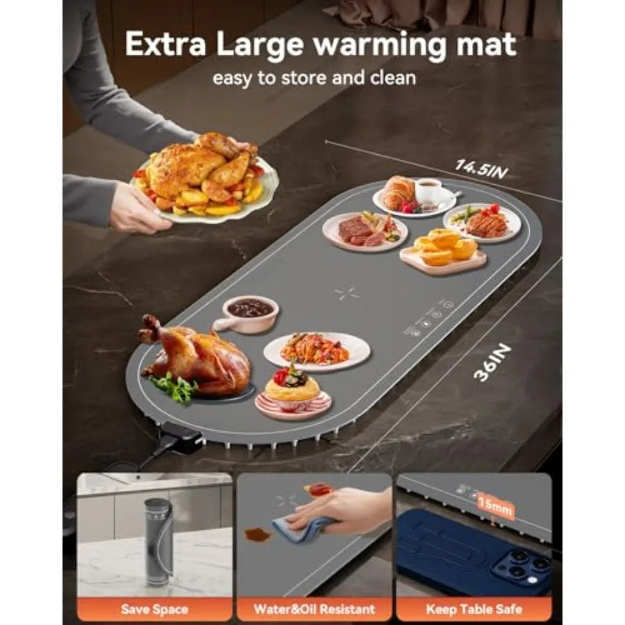 Warming Mat for Food Extra Large 36"x15" Food Warming Mat with Heat Insulation Pad Silicone Heating Mat for Food Rollable and P