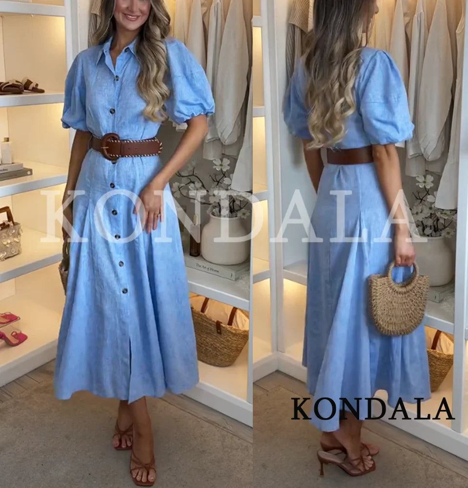 KONDALA Women Elegant Blue Trendy Long Dress Single Breasted Belt Dress New Fashion 2026 Spring Summer Holiday Beach Lady Dress