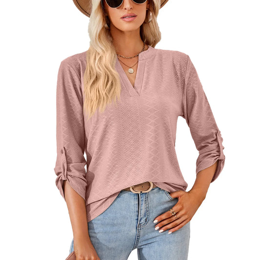Loose Button-Up V-Neck Seven-Sleeve T-Shirt Women's Autumn Winter New Style Pure Color Casual Top Comfortable Silk Material