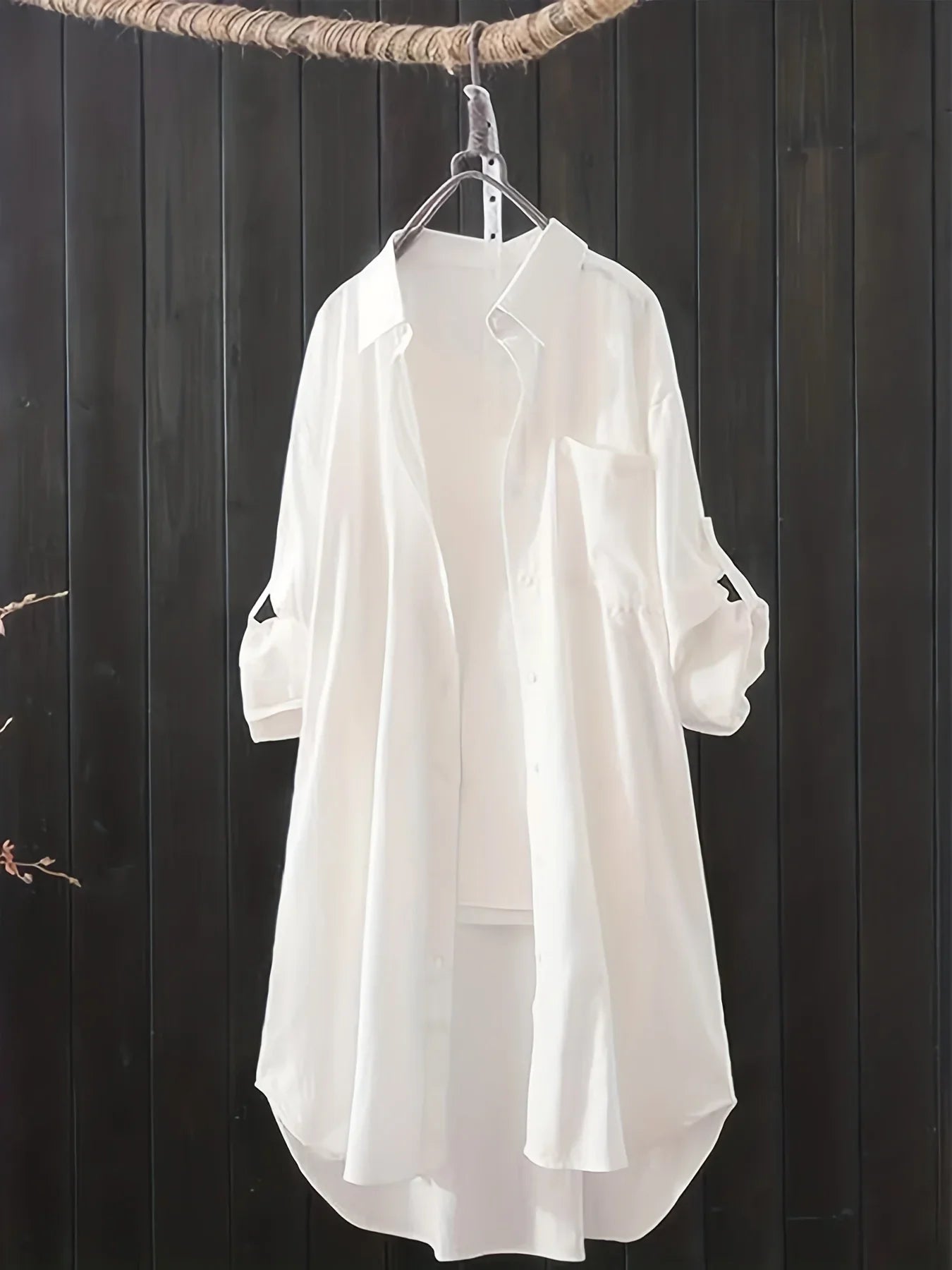 Plus Size 1XL-5XL Casual Blouse Women's Plus Solid Button Up Roll Up Sleeve Slight Stretch Blouse