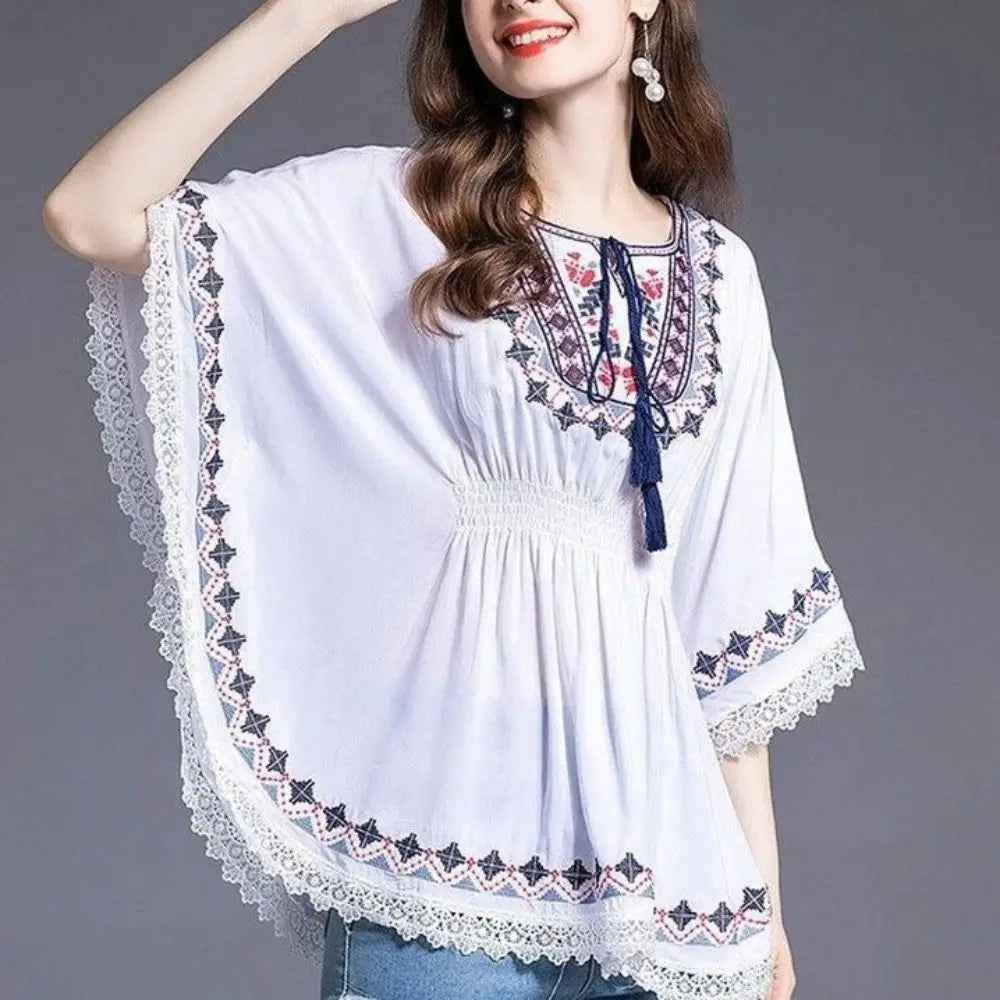 Sweet Lace-up Tassel Bohemian Style T-shirt Loose Round Neck Short Sleeve T Shirt Embroidery Blouses Ethnic Style Tops Women