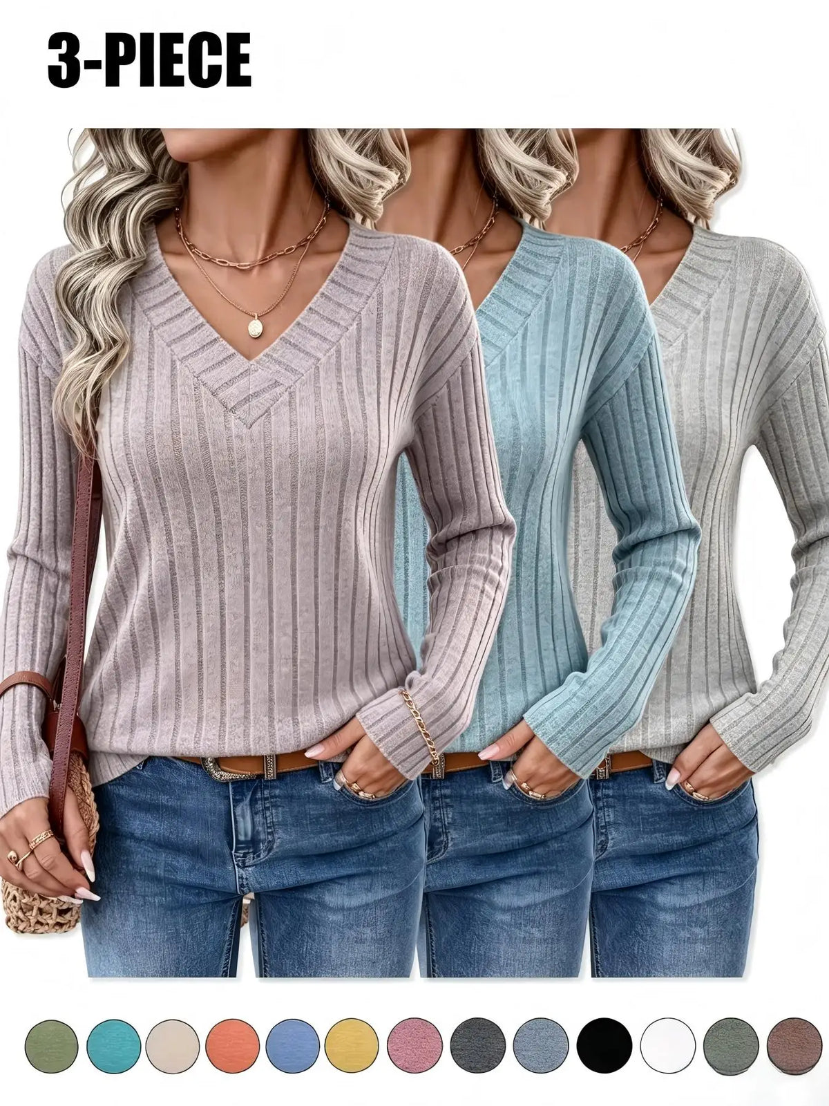 Women's 3-Pack Ribbed Knit V-Neck Sweaters Tops New Fall Fashion 2026 for Women