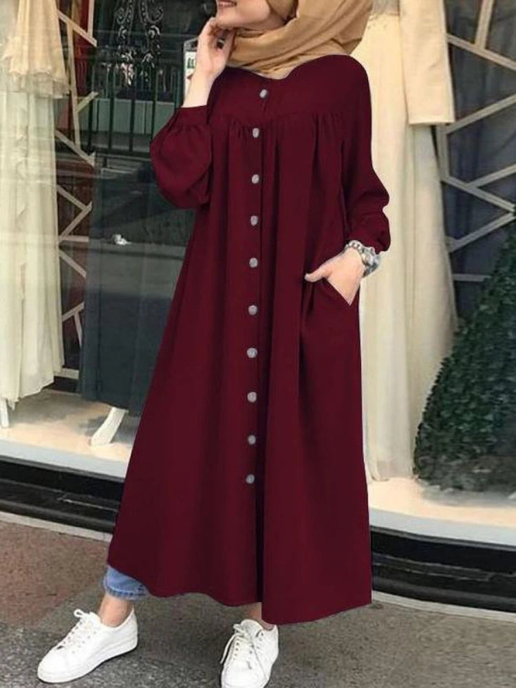 S-5XL Muslim Dress Women hijab Shirt  Long Sleeve Maxi Vestidos Female Button Robe femme musulman High Wasit Solid Sundress