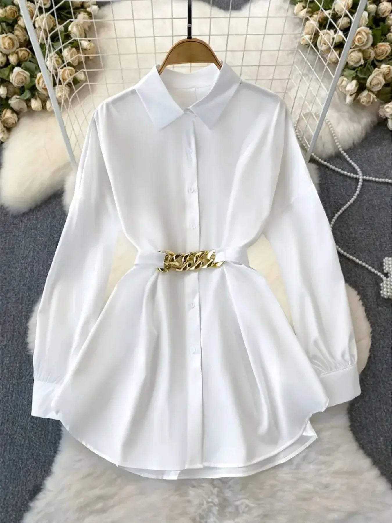 2025 French-Inspired Cinched Waist Blouse: White Shirt with Adjustable Belt Detail & Elegant Long Sleeves for Autumn Office