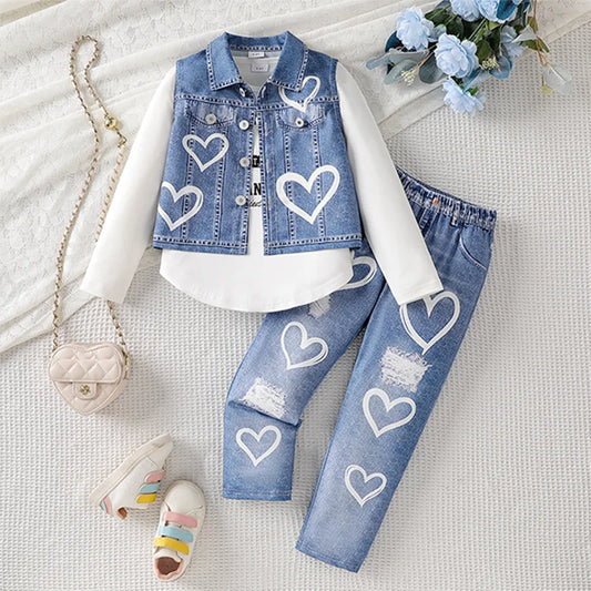 Fashionable trend casual spring and autumn new children's set girls imitation denim vest set casual long pants three-piece set