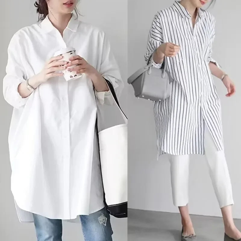 White Loose Long Sleeve Women's Shirt Lazy Design Sense Fashionable Midi New Style Button up Casual Office Wear