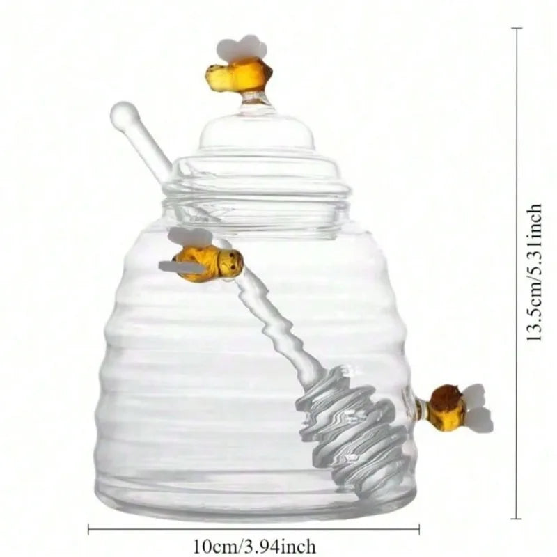 Honeycomb Design Bee Glass Honey Jar with Lid Dipper Stick Creative Kitchen Storage Container for Home Dining Table Decor