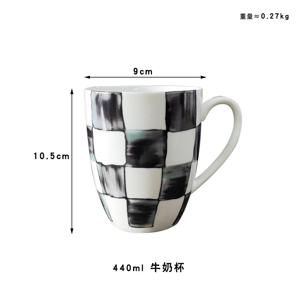 Black White Checkerboard Ceramic Dinner Plate Bone China Coffee Cup and Saucer Western Food Dishes Home Elegant Tableware Mug