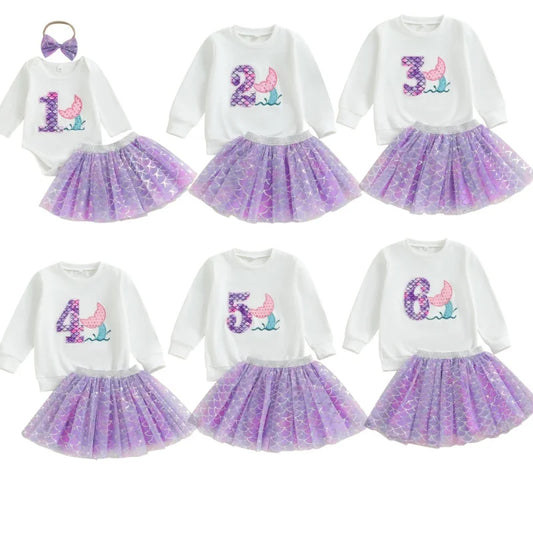 0-7Y Kids Girls Autumn Outfits Long Sleeve Number Embroidered Sweatshirt with Mermaid Tulle Skirts Sets Birthday Clothes