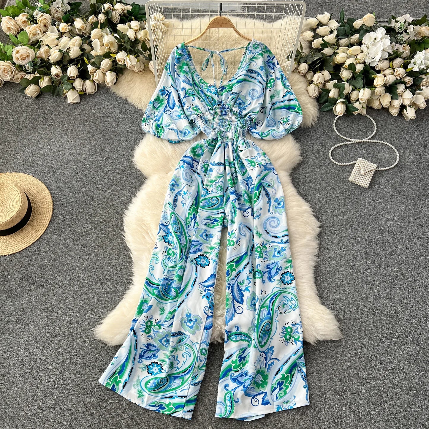V Neck Sexy Dolman Sleeves Waist Slim Polka Dot Print Jumpsuit Women Wide Leg Trousers Jumpsuit