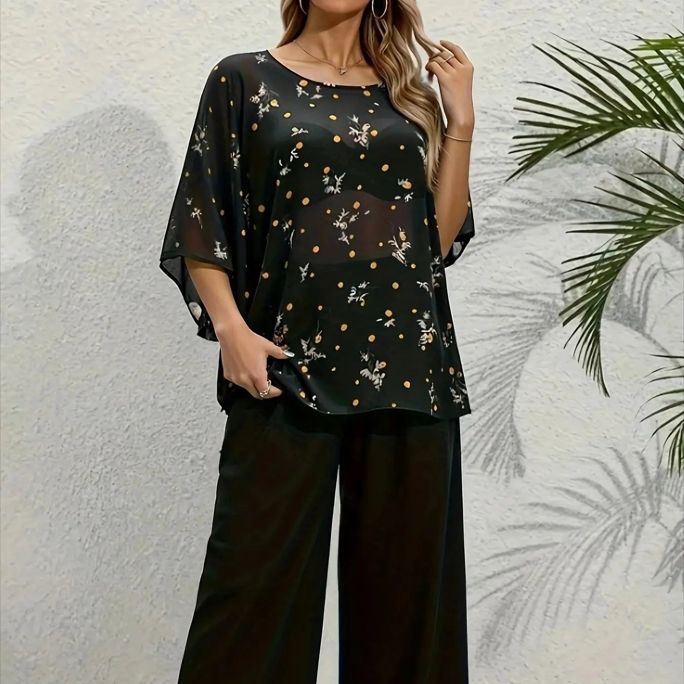 Plus Size Women's Black Floral Dot Batwing Sleeve Top + Wide Leg Pants 2-Piece Set - Elegant Casual Daily Style (0XL-4XL)