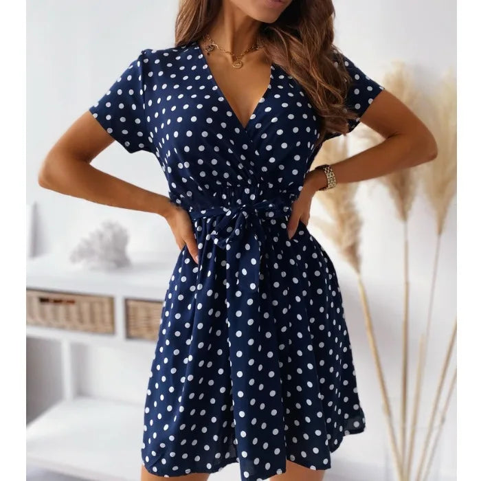 Summer New Sexy V-neck Polka Dot Print Short Sleeve Waist-cinching Dress Sweet Bohemian Style H-shaped Single Piece Dress