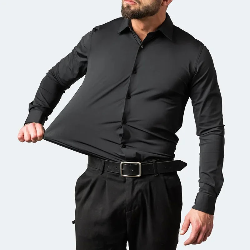 6xl New summer black White men's shirt elastic force non-iron long-sleeved business casual Oversize shirt  mercerized vertical