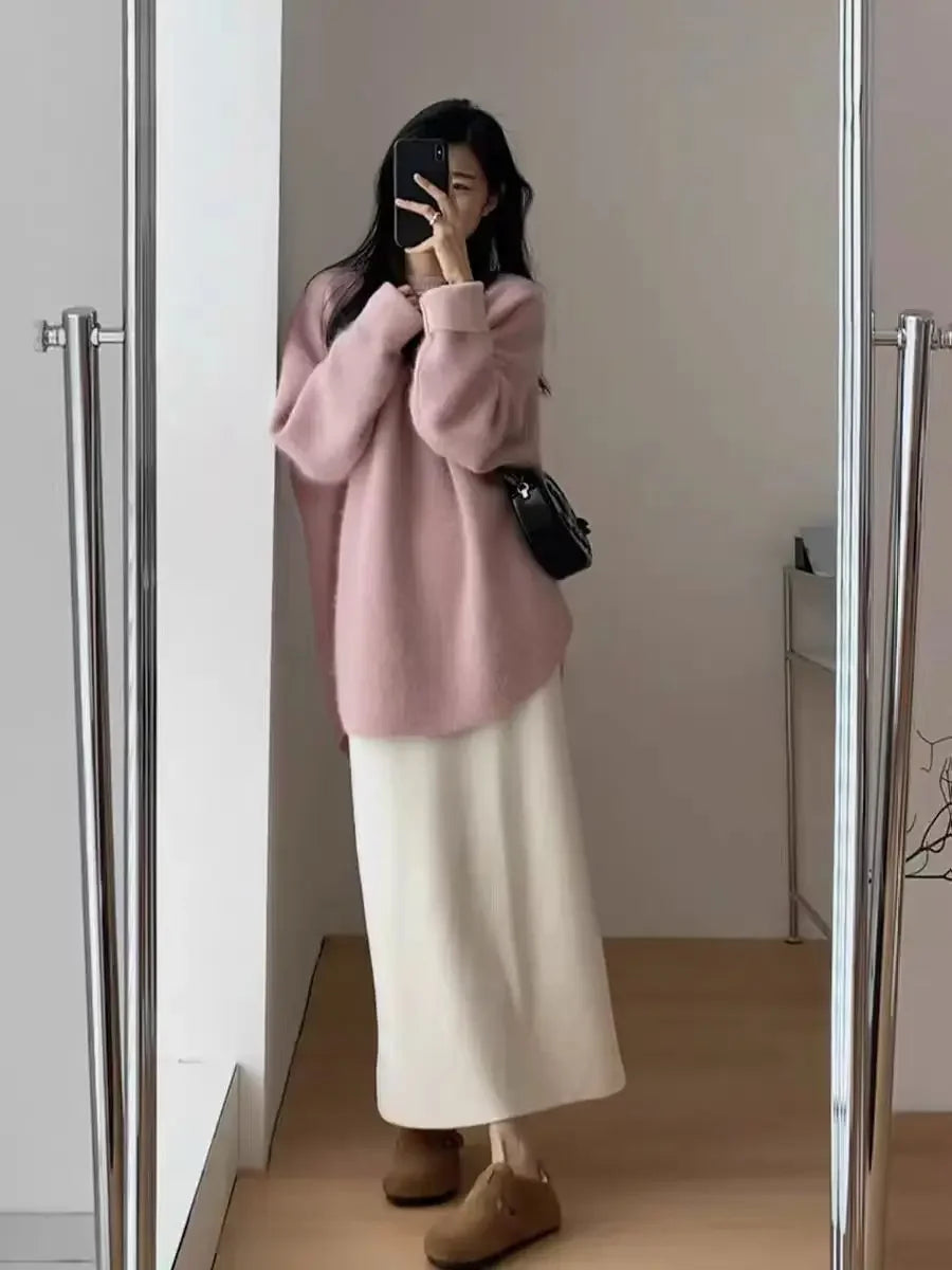 Women's Lazy Kaze Jun Mountain Cashmere Sweater round Neck Loose Long Hem Split Skirt Thickened Knitted Bottoming Shi