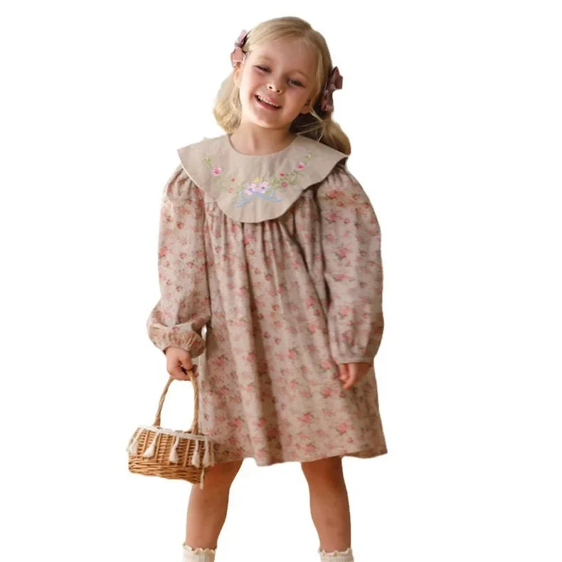 Retro Girls Dress 2025 Autumn New Toddler Kids Girls Cute Print Long-sleeved Sweet Princess Dress