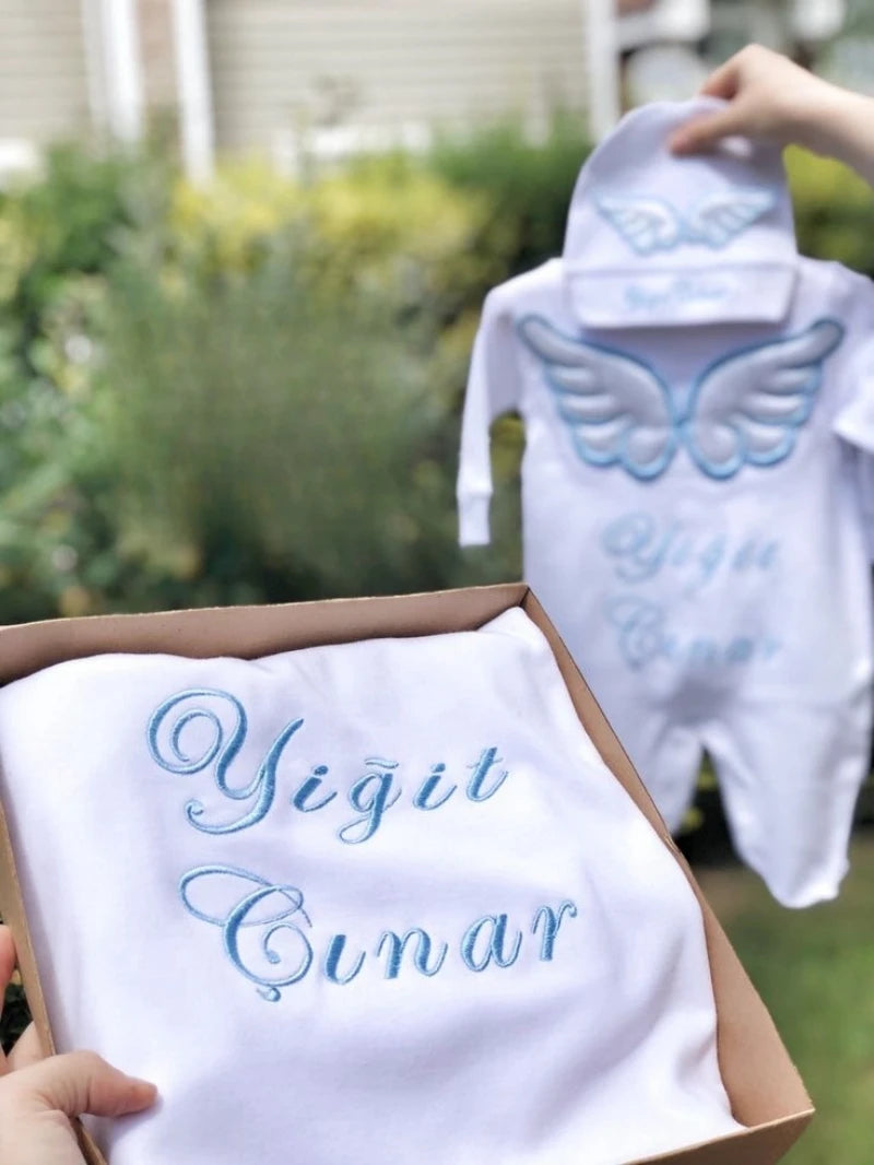 Dollbling Hospital Exit 5pcs Embroidery Name Newborn Angle Wings Romper Blanket  Nursery Bedding Swaddle Handmade Infant Outfit