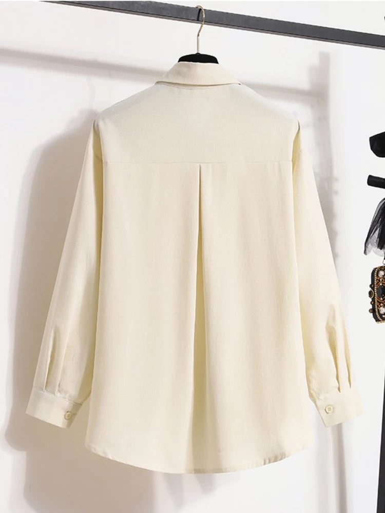 2026 Women's Plus Size Blouse Korean Style Spring Autumn Loose Elegant Casual Mid-length Tops Long Sleeved Waist Cinching Shirts