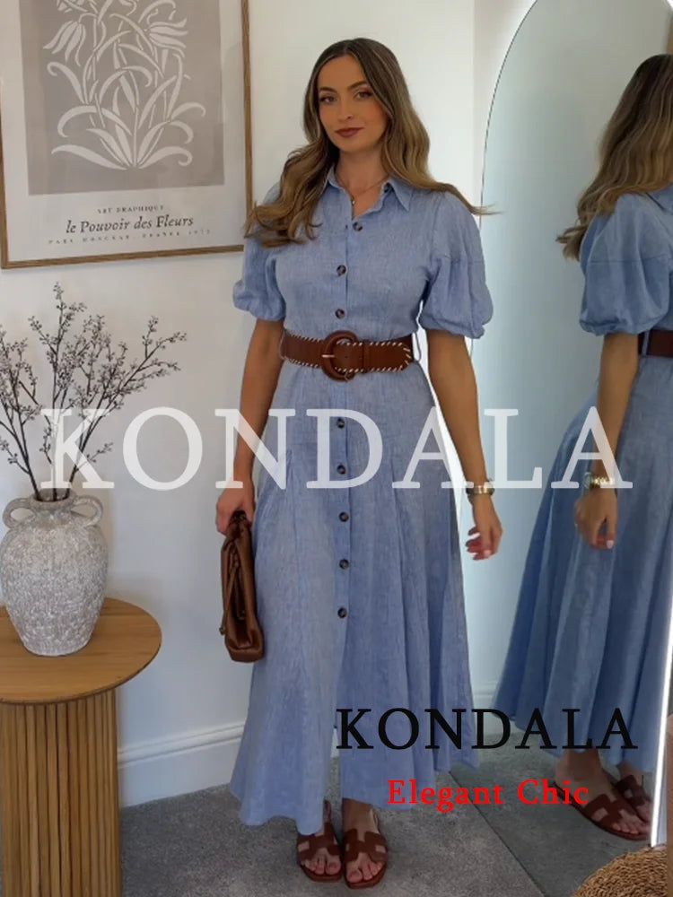 KONDALA Women Elegant Blue Trendy Long Dress Single Breasted Belt Dress New Fashion 2026 Spring Summer Holiday Beach Lady Dress