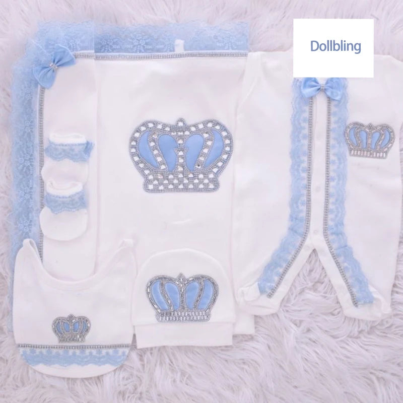 Baby Girl Boy Princess Prince Hospital Exit Newborn Bling Outfits Baby Bottles Gift Set Baby Shower Gift 5pcs Crown Romper