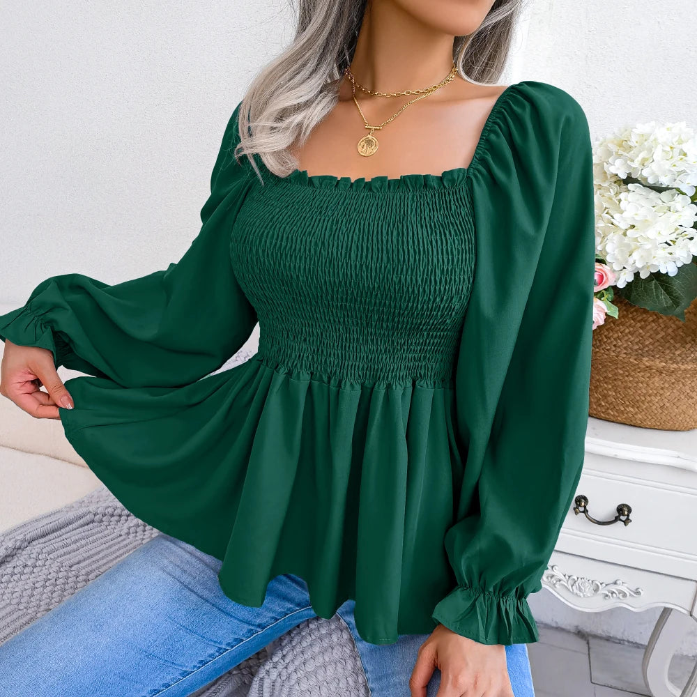 Women Chiffon Blouse 2026 Casual Solid Color Long Sleeve Ruffles Peplum Top White Red Green Blue Black Woman Clothes