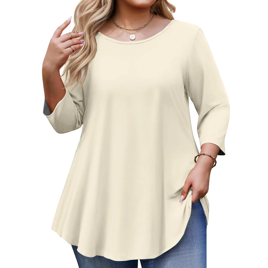 Spring Fall Women's Plus Size Long-sleeved Top, Solid Color Round Neck Curved Hem Loose T-shirt Spring Autumn Casual Top Mujer