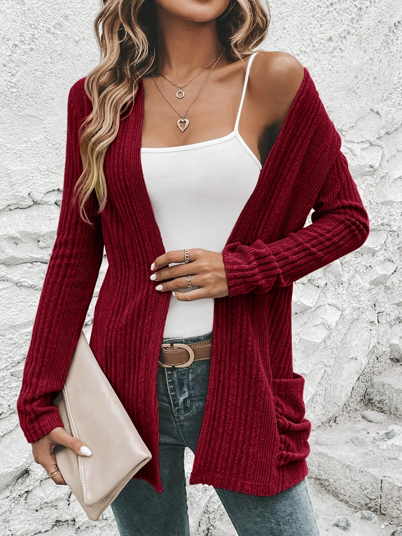 Elegant open front solid cardigan, long sleeve double pocket cardigan, suitable for spring and autumn, women's clothing