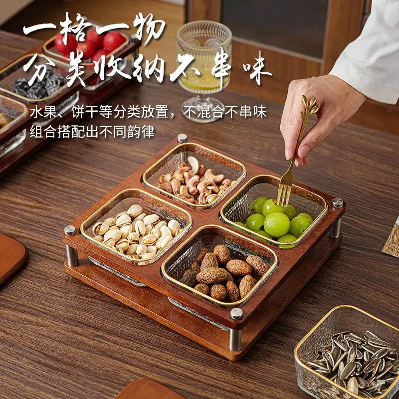 Deluxe Glass Fruit Snack Tray Household Living Room with Cover Grid Creative Dried Fruit Dim Sum Candy Tray