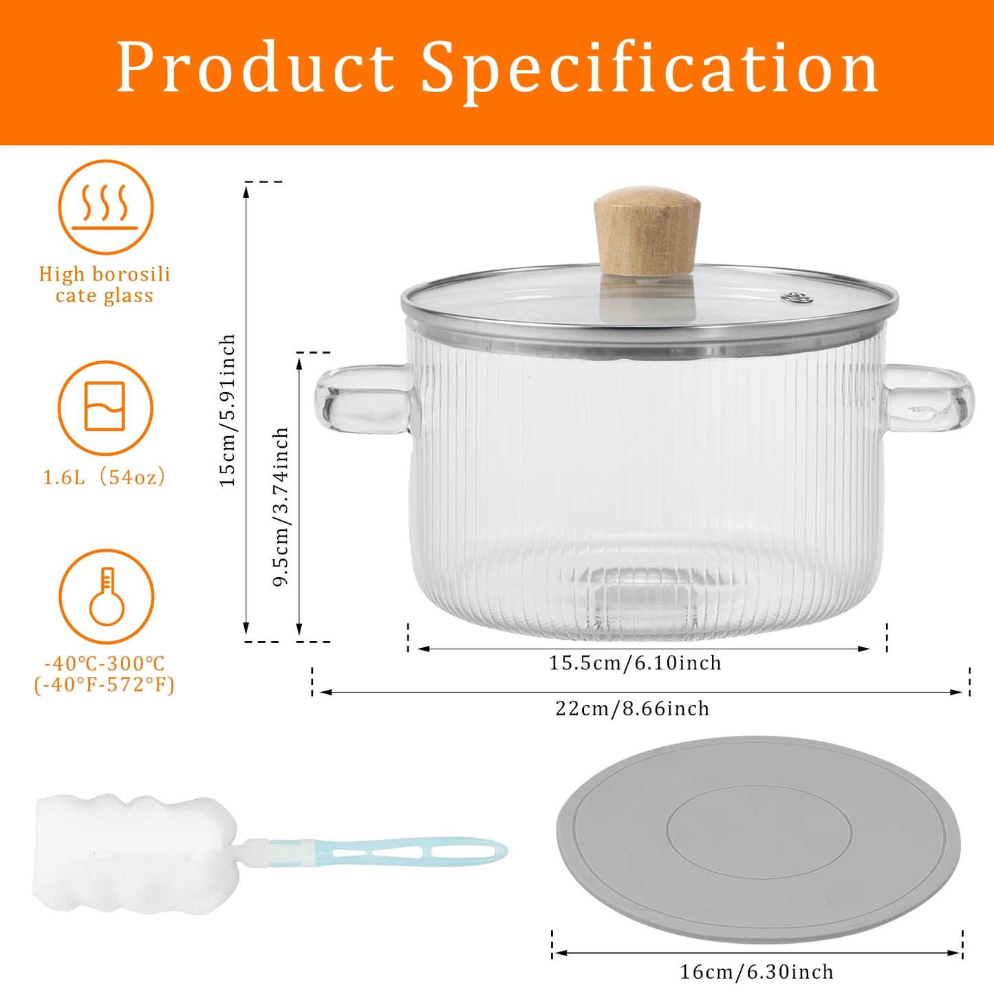 Covered Glass Cooking Pot Stovetop Pot 1.6L Heat Resistant Glass Soup Pot with Lid Handles Glass Saucepan Kitchen Cooking Tools