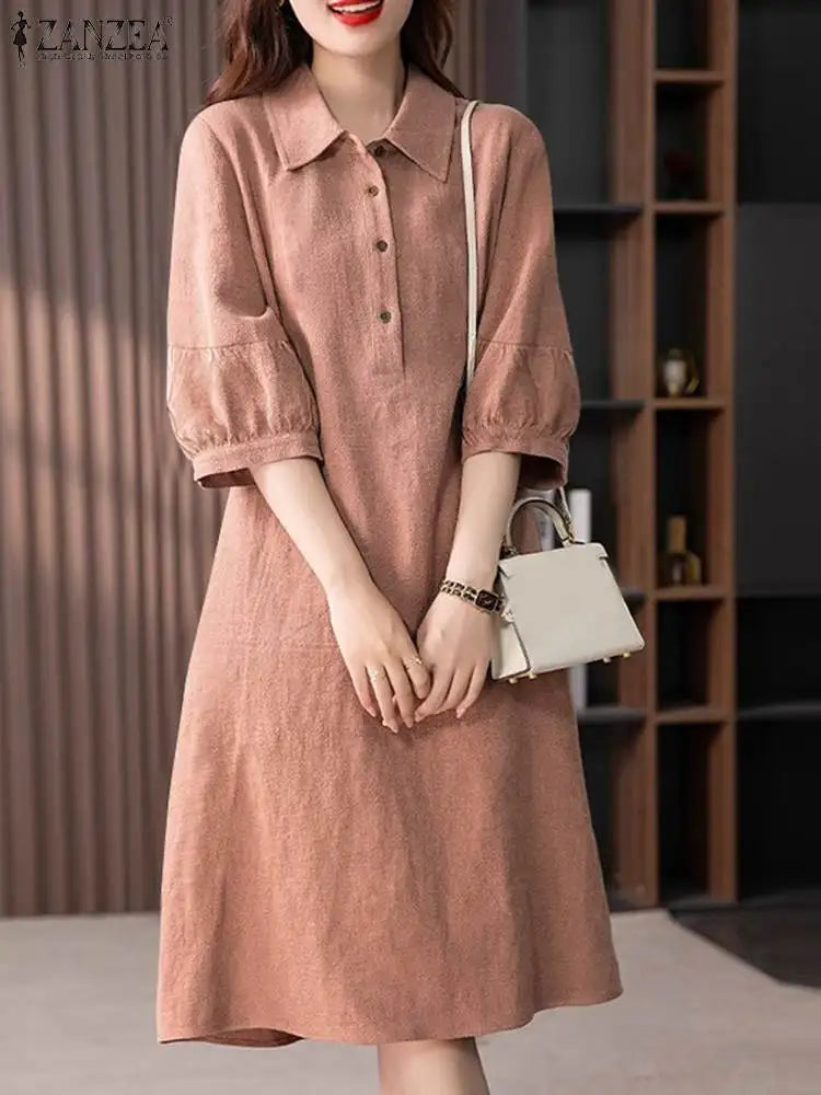 Women Cotton Shirt Dress 2024 Summer Lapel Neck Dresses Korean Office 3/4 Sleeve Midi Vestidos Elegant Solid Buttons Robe