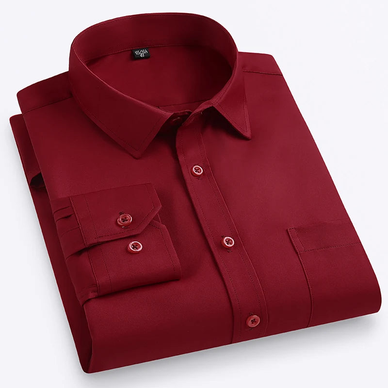 Plus Size M-7XL Elasticity Shirt Men Long Sleeve Slim Fit Casual Solid Color Luxury Shirt Social Formal Dress Shirts Man Clothes