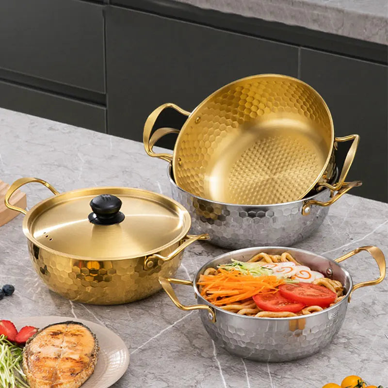 3 Pcs Stainless Steel Cooking Pot Set Korea Ramen Pot Saucepan with Lid Dishwasher Safe hammer printing pot for Soup Hotpot
