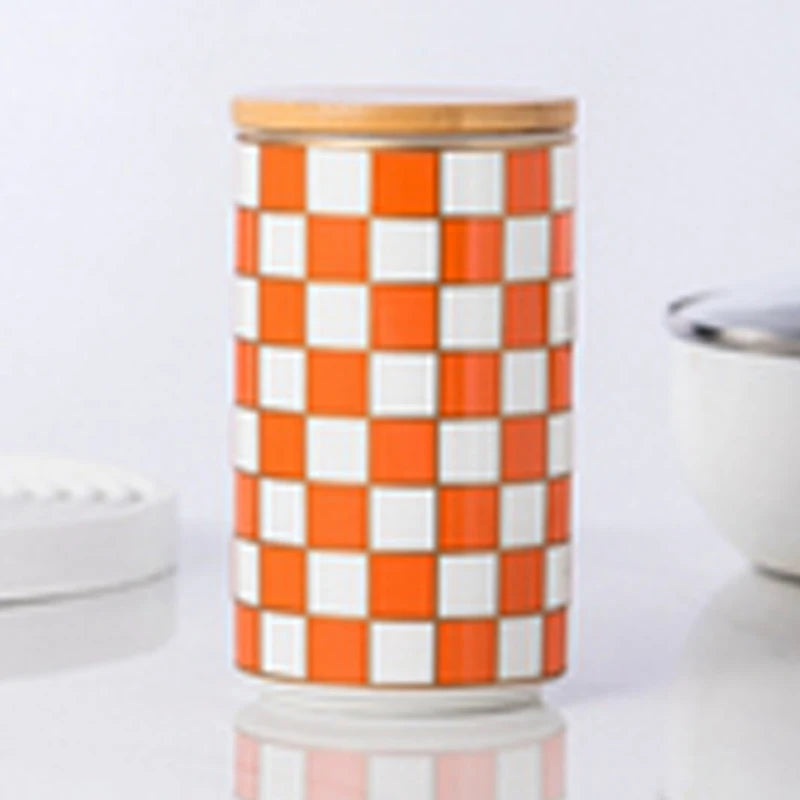 Black and White Lattice Storage Tank Checkerboard Sealed Tank Kitchen Storage Food Grade Ceramic Tank Box Tea Storage Tank