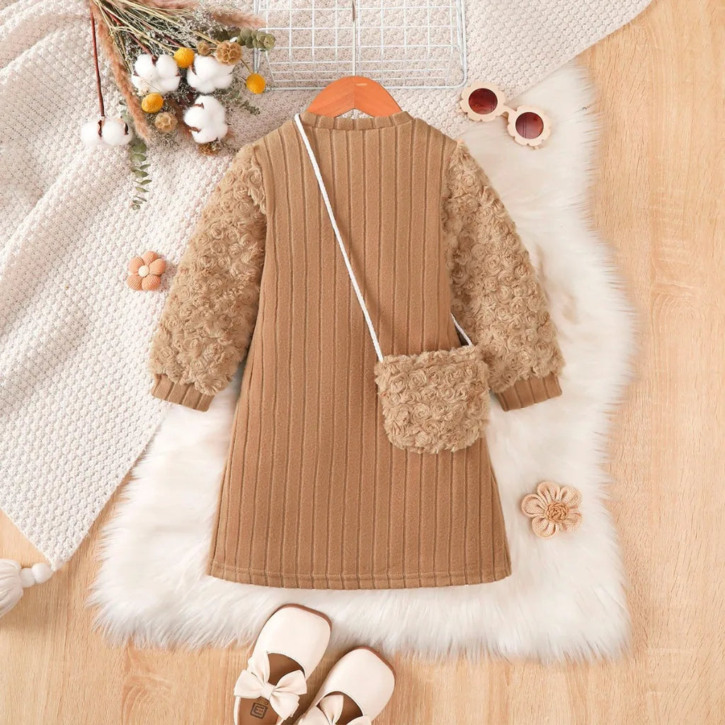 4-7 Year Children Girl Comfortable Dress Long Sleeved Soft Autumn&winter Dress Paired with A Small Shoulder Bag Fashion Clothing