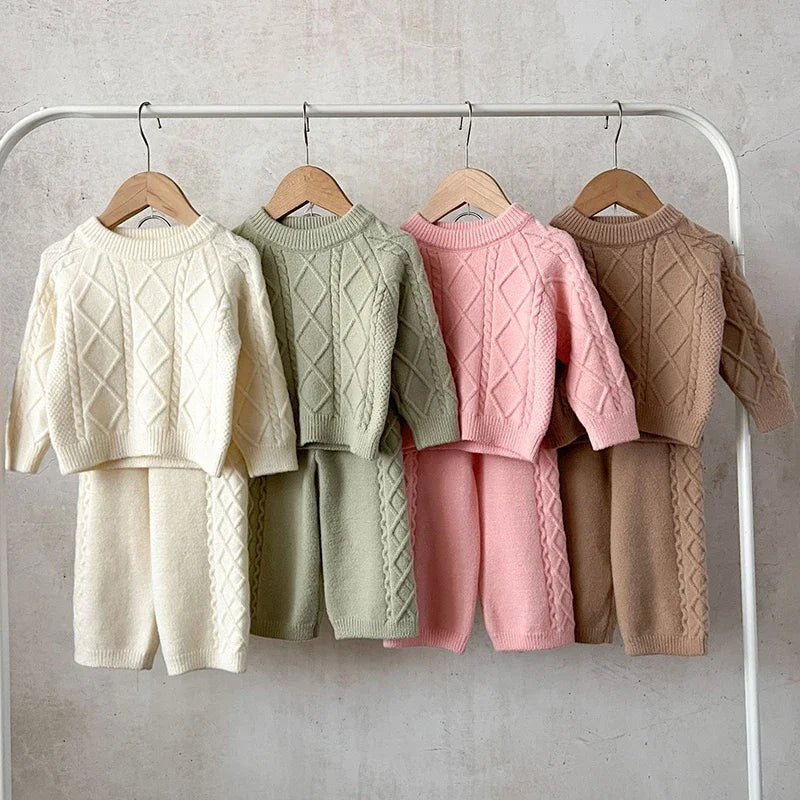 2024 New Autumn Newborn Baby Girls Clothing Set Long Sleeved Solid Color Knitted Pullover+Pants Toddler Baby Girl Clothes Suit