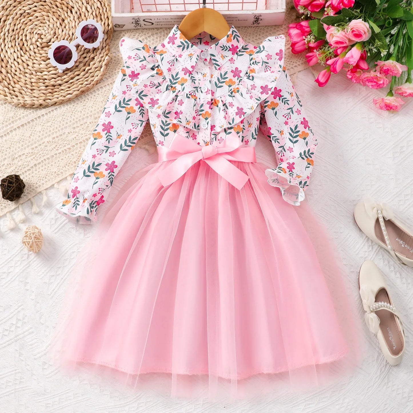 New Autumn Kids Girls Dress Long Sleeve Spring Gauze Belt Children Dress Soft Ventilate Cute Comfort Girls Clothing 2-7 Years
