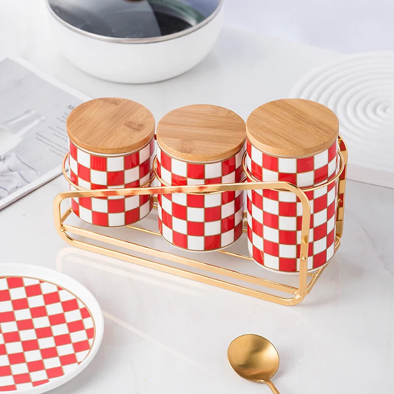 Black and White Lattice Storage Tank Checkerboard Sealed Tank Kitchen Storage Food Grade Ceramic Tank Box Tea Storage Tank