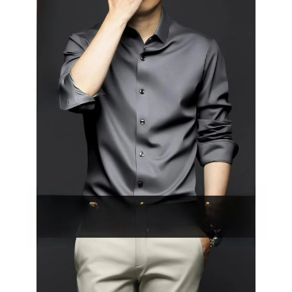 Business Casual Men's Long Sleeve Shirt Anti-Wrinkle Iron-Free Premium Ice Silk Black Slim Fit Polyester Fiber Square Collar