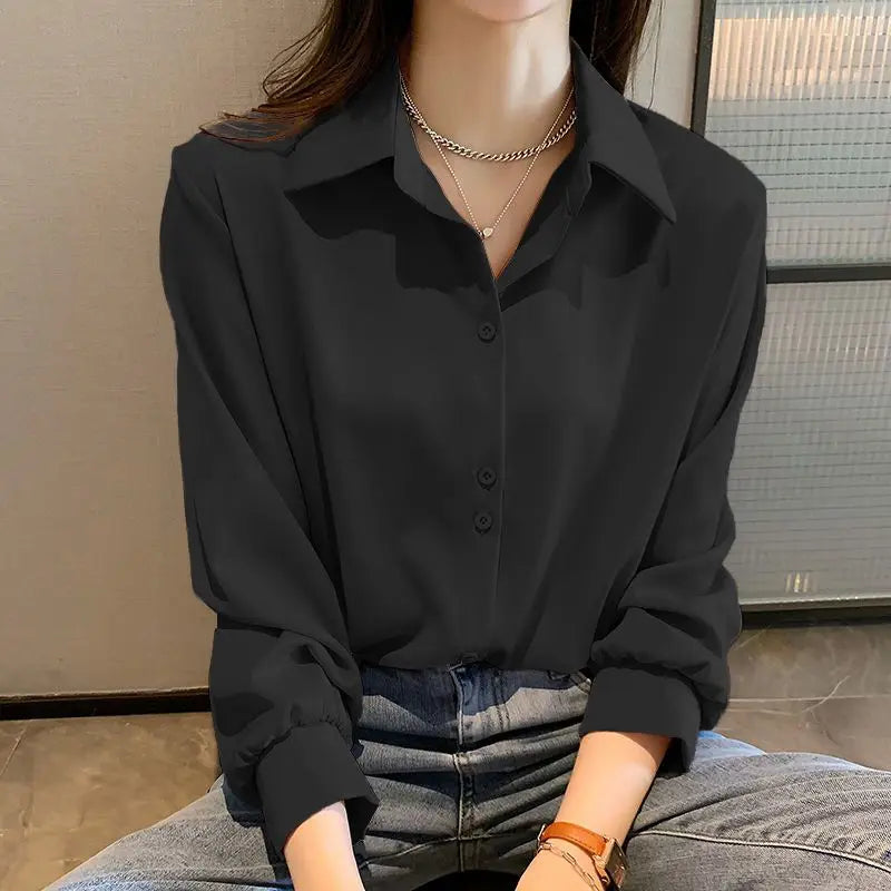 Black Chiffon Shirts For Women Spring NEW Solid Long Sleeve Shirts