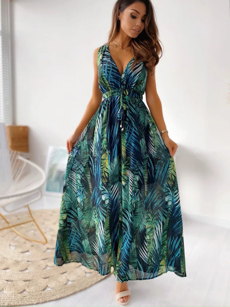 Women Tie-Up Backless Party Beach Dress Sexy V Neck Boho Long Dresses Summer Elegant Print Sleeveless Lady Maxi Dress Vestidos