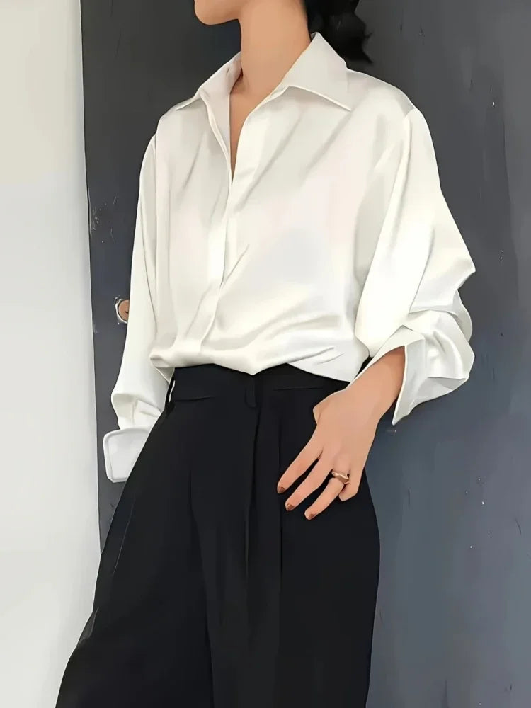 Plus Size Shirts 2025 Loose Casual Women Silk Fashion Long Sleeve Button-Down Blouse Senior Female Elegant Solid Top Office Wear