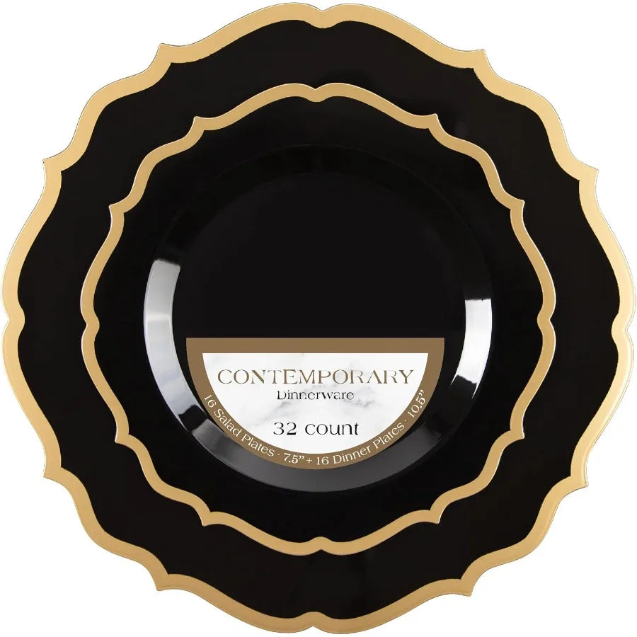 32Piece Elegant Disposable Plastic Plates Combo Set for Sophisticated Events: Includes 16 HeavyDuty Dinner Plates and 16 Stylis