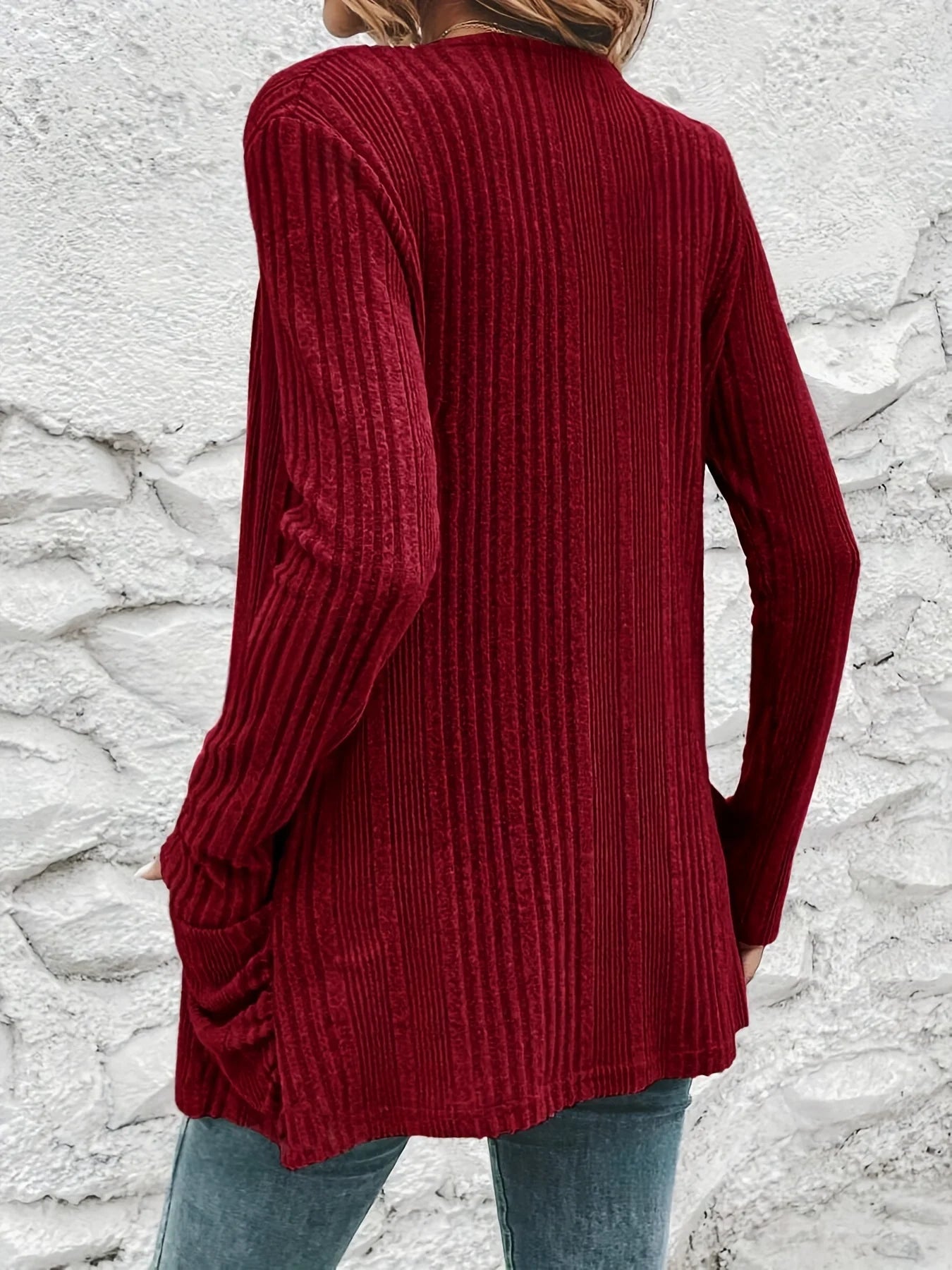 Elegant open front solid cardigan, long sleeve double pocket cardigan, suitable for spring and autumn, women's clothing